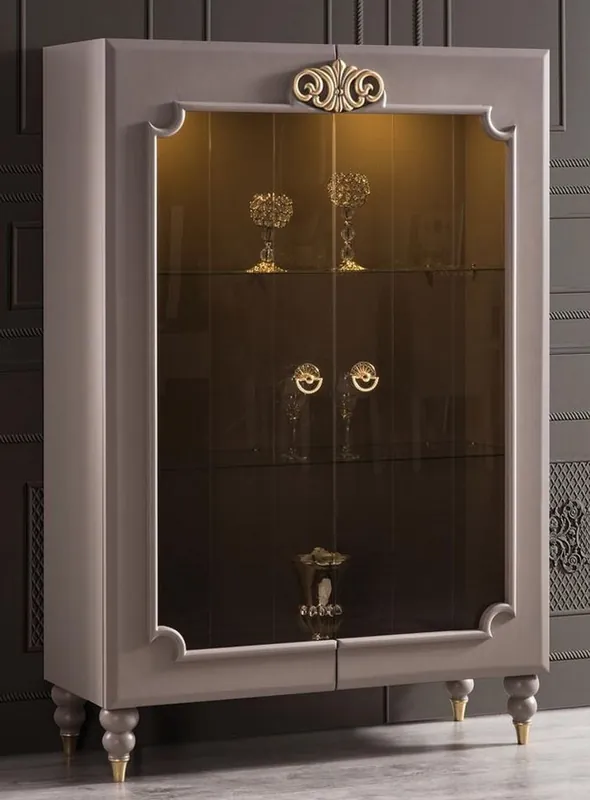 Casa Padrino Luxus Barock Vitrine Grau / Gold 116 x 45 x H. 170 cm - Beleuchteter Massivholz Vitrinenschrank mit 2 Glastüren - Edle Barock Möbel Direkt Vom Hersteller