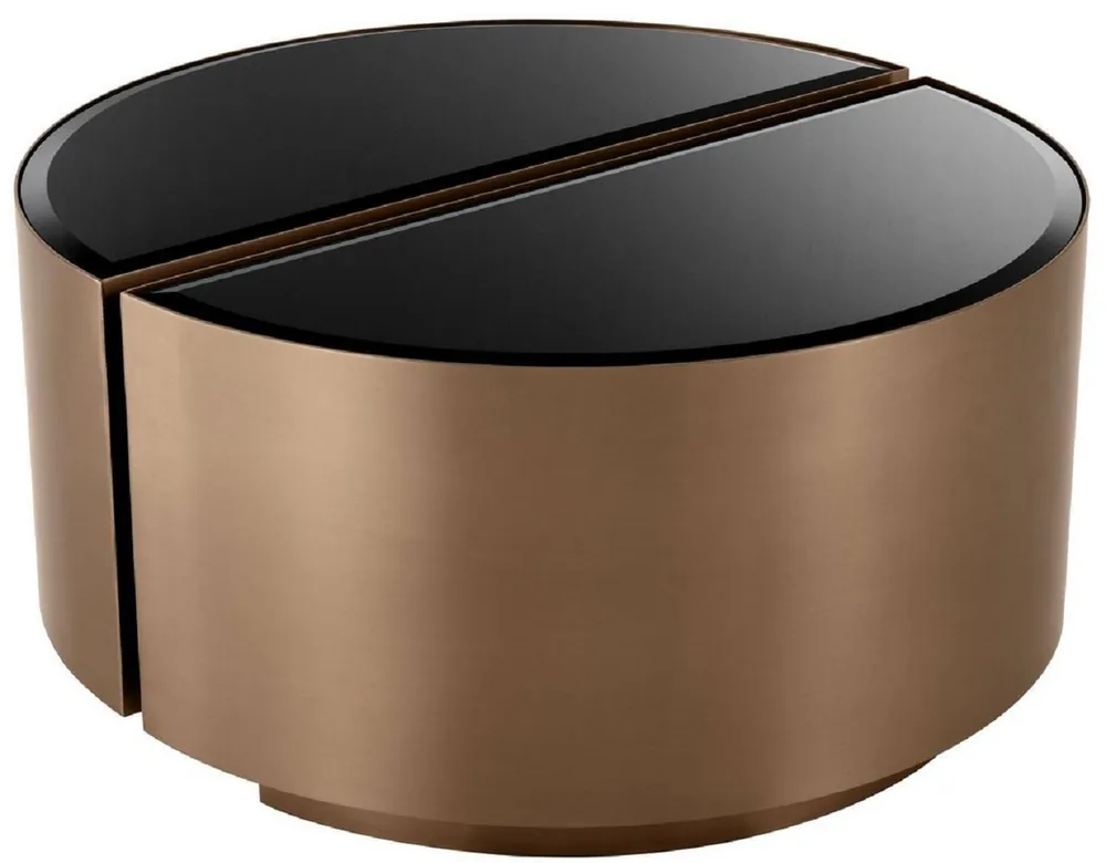Casa Padrino Luxus Beistelltisch Set Kupferfarben / Schwarz - 2 halbkreisförmige Edelstahl Tische mit abgeschrägten Glasplatten - Luxus Wohnzimmer Möbel Sonderangebot