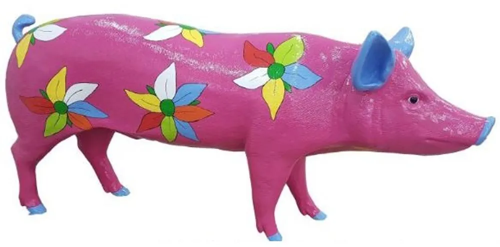 Top-Preis Casa Padrino Designer Dekofigur Schwein mit Blumen Design Lila / Mehrfarbig 160 x H. 70 cm - Lebensgroße Deko Skulptur - Wetterbeständige Gartendeko