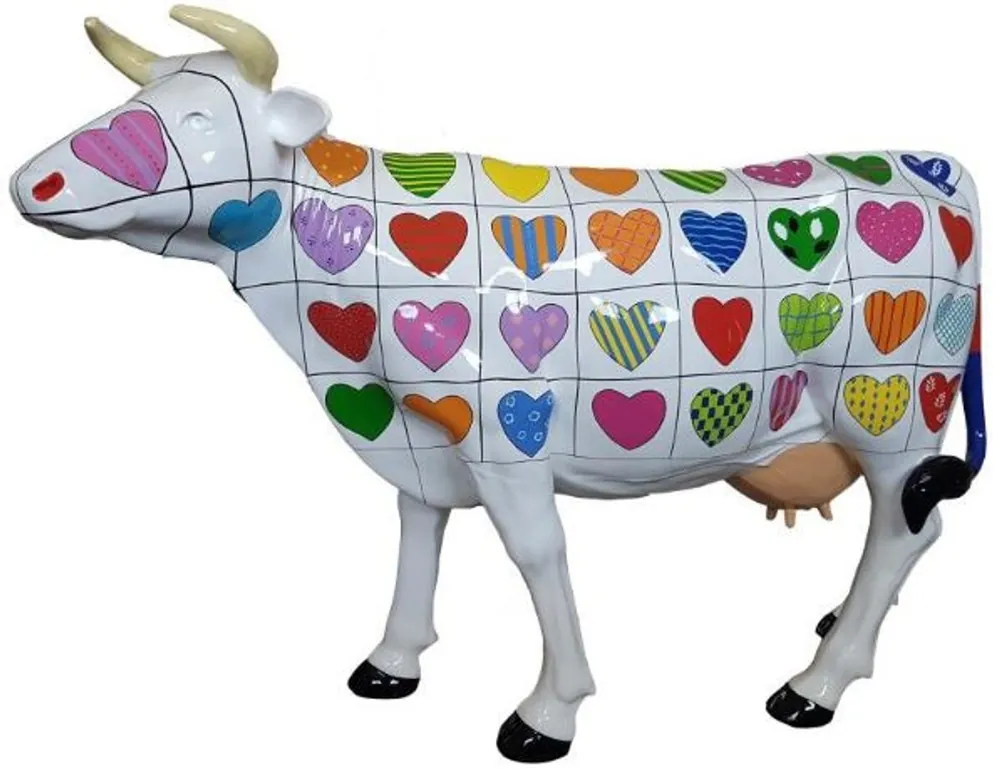 Günstig Casa Padrino Designer Gartendeko Skulptur Kuh mit Herz Design Weiß / Mehrfarbig 210 x 55 x H. 147 cm - Riesige wetterbeständige Dekofigur - Lebensgroße Tierfigur