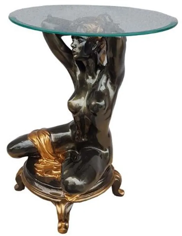 Casa Padrino Jugendstil Beistelltisch kniende Frau Schwarz / Gold Ø 45 x H. 63,5 cm - Eleganter Tisch mit runder Glasplatte - Wohnzimmer Möbel Nur Für Kurze Zeit