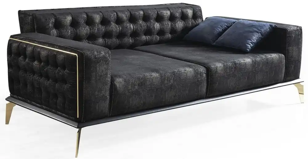 Highlight Casa Padrino Luxus Art Deco Chesterfield Sofa Schwarz / Grau / Messingfarben 236 x 99 x H. 86 cm - Edles Wohnzimmer Sofa mit dekorativen Kissen - Luxus Qualität