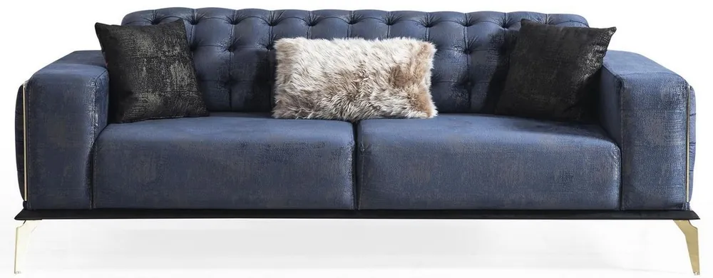Markenware Casa Padrino Luxus Art Deco Chesterfield Sofa Blau / Grau / Schwarz / Messingfarben 236 x 99 x H. 86 cm - Edles Wohnzimmer Sofa mit dekorativen Kissen - Luxus Qualität