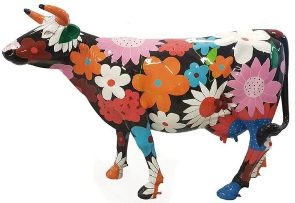 Casa Padrino Designer Gartendeko Skulptur Kuh mit Blumen Design Schwarz / Mehrfarbig 210 x 55 x H. 147 cm - Riesige wetterbeständige Dekofigur - Lebensgroße Tierfigur Sonderangebot