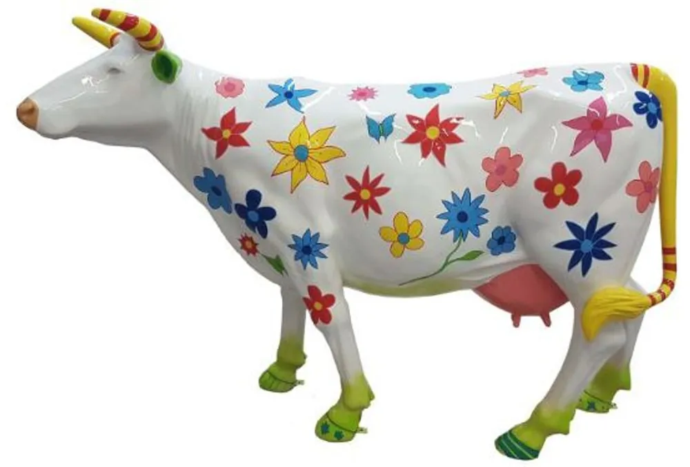 Casa Padrino Designer Gartendeko Skulptur Kuh mit Blumen Design Weiß / Mehrfarbig 210 x 55 x H. 147 cm - Riesige wetterbeständige Dekofigur - Lebensgroße Tierfigur Sonderaktion