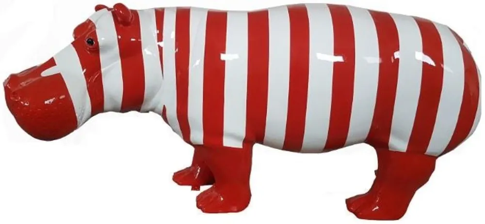 Direktkauf Casa Padrino Designer Dekofigur Nilpferd mit Streifen Rot / Weiß 180 x H. 79 cm - Deko Skulptur - Riesige Gartenfigur - Gartendekoration