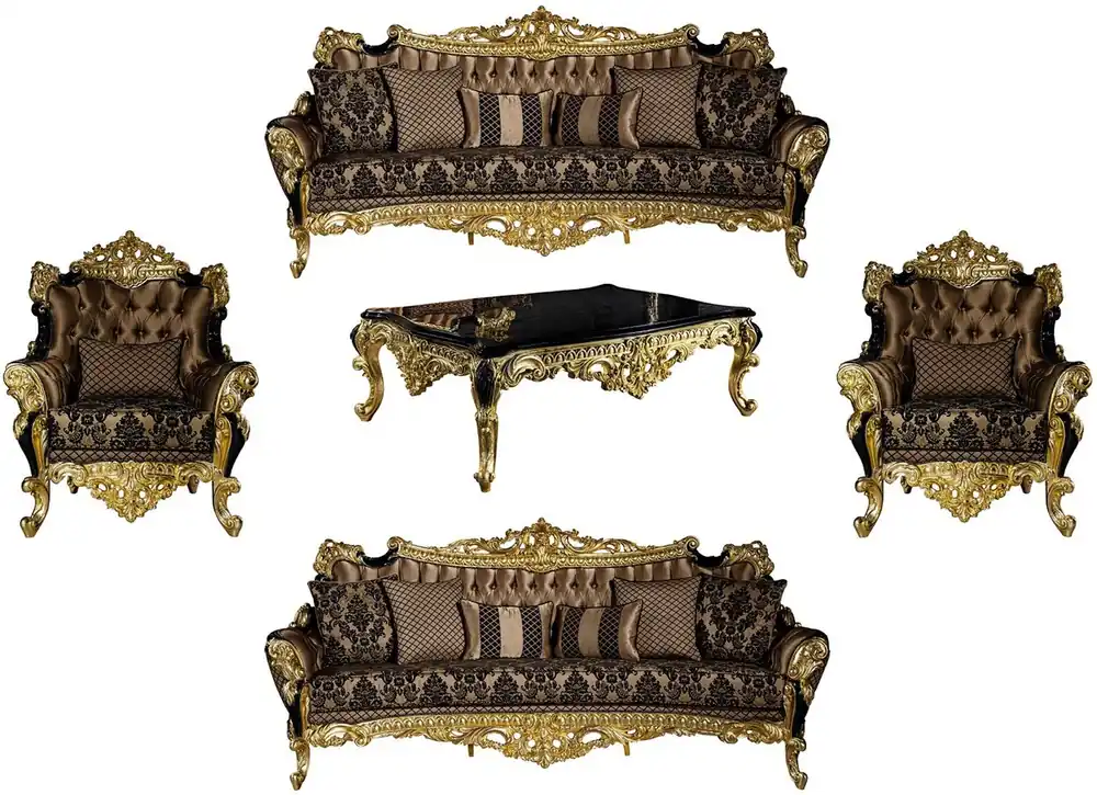 Casa Padrino Luxus Barock Wohnzimmer Set Braun / Schwarz / Gold - 2 Sofas & 2 Sessel & 1 Couchtisch - Prunkvolle Wohnzimmer Möbel im Barockstil Neuheit