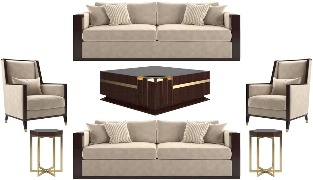 Casa Padrino Luxus Art Deco Wohnzimmer Set Beige / Dunkelbraun Hochglanz / Gold - 2 Sofas & 2 Sessel & 1 Couchtisch & 2 Beistelltische - Edle Wohnzimmer Möbel - Luxus Qualität Preisknaller