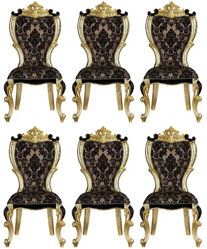 Casa Padrino Luxus Barock Esszimmer Stuhl Set mit elegantem Muster Braun / Schwarz / Gold 60 x 65 x H. 120 cm - Küchen Stühle 6er Set im Barockstil - Barock Esszimmer Möbel Must-Have