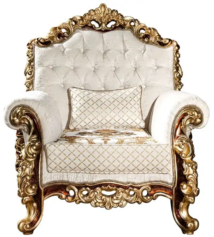 Neue Ware Casa Padrino Luxus Barock Sessel Weiß / Gold / Braun / Gold 78 x 75 x H. 120 cm - Prunkvoller Wohnzimmer Sessel mit dekorativem Kissen - Barock Möbel