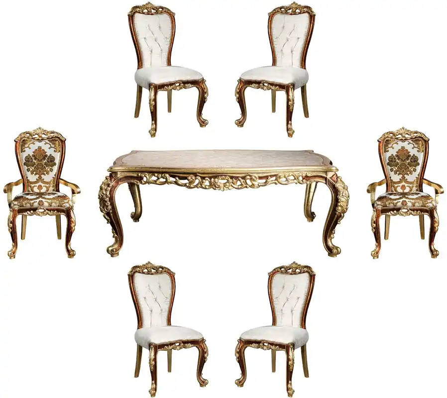 Casa Padrino Luxus Barock Esszimmer Set Weiß / Gold / Braun / Gold - 1 Esszimmertisch & 6 Esszimmerstühle - Edle Esszimmer Möbel im Barockstil - Edel & Prunkvoll Preisreduziert