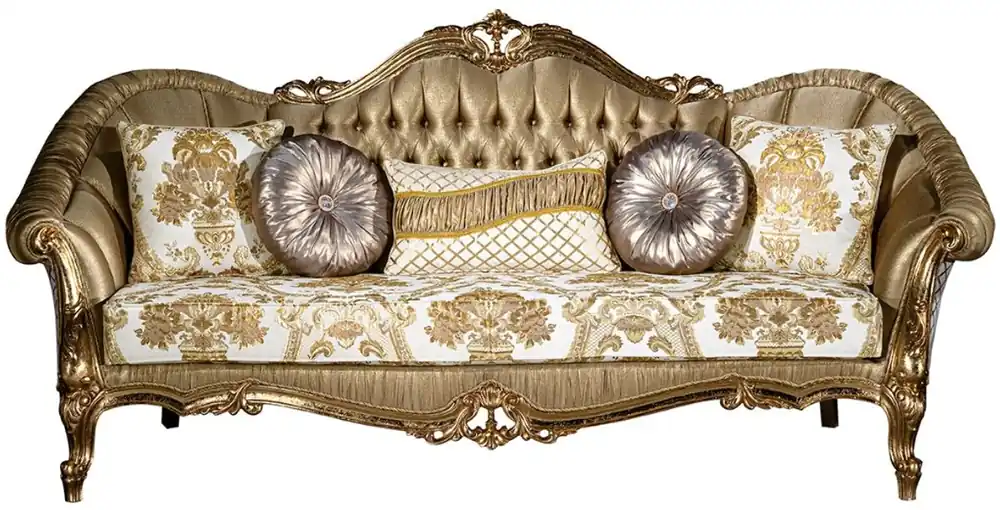 Zertifiziert Casa Padrino Luxus Barock Sofa Gold / Weiß 256 x 87 x H. 120 cm - Prunkvolles Wohnzimmer Sofa mit dekorativen Kissen - Wohnzimmer Möbel im Barockstil