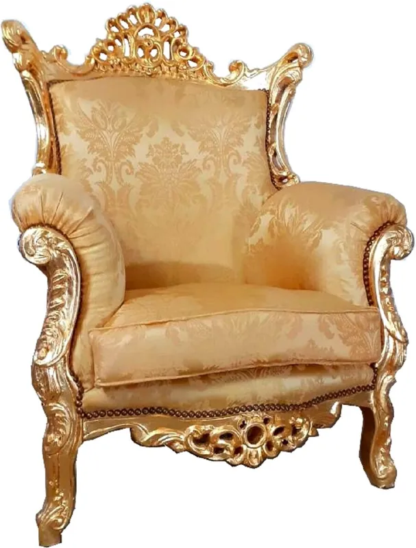 Casa Padrino Barock Sessel Al Capone Gold Muster / Gold 90 x 80 x H. 127 cm - Handgefertigter Antik Stil Wohnzimmer Sessel mit edlem Satinstoff - Barock Möbel Nur Für Kurze Zeit