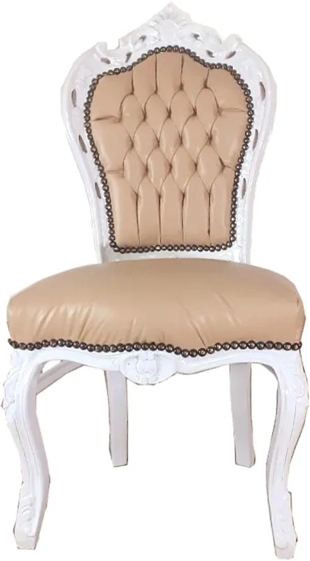 Casa Padrino Barock Esszimmerstuhl Beige / Weiß 53 x 57 x H. 108 cm - Handgefertigter Antik Stil Massivholz Stuhl mit edlem Kunstleder - Barock Esszimmer Möbel Ausverkauf