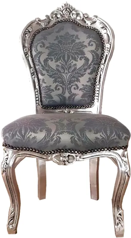 Casa Padrino Barock Esszimmerstuhl Grau Muster / Silber 53 x 57 x H. 108 cm - Handgefertigter Antik Stil Massivholz Stuhl mit edlem Satinstoff - Esszimmer Möbel im Barockstil Knallerangebot