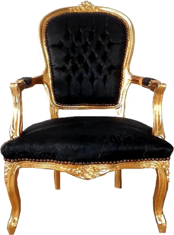 Casa Padrino Barock Salon Stuhl Schwarz Muster / Gold 60 x 50 x H. 93 cm - Handgefertigter Antik Stil Stuhl mit edlem Satinstoff - Möbel im Barockstil Begrenztes Angebot
