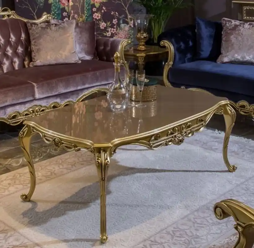 Schneller Versand Casa Padrino Luxus Barock Couchtisch Grau / Gold 123 x 77 x H. 52 cm - Edler Massivholz Wohnzimmertisch im Barockstil - Prunkvolle Barock Möbel