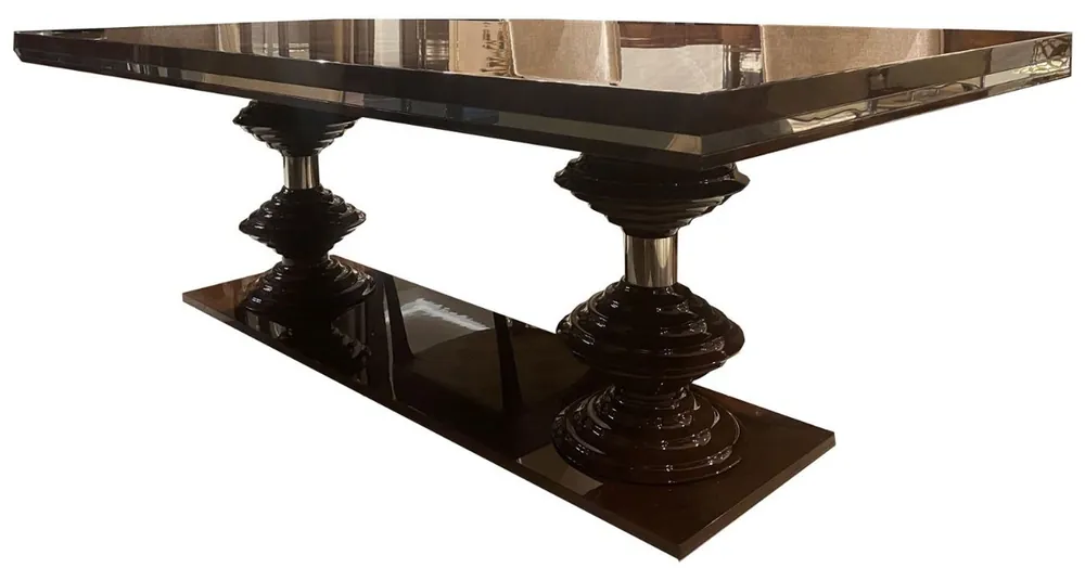 Casa Padrino Luxus Art Deco Esstisch Dunkelbraun Hochglanz / Gold 220 x 110 x H. 78 cm - Edler Esszimmertisch - Küchentisch - Art Deco Esszimmer Möbel Preisknaller