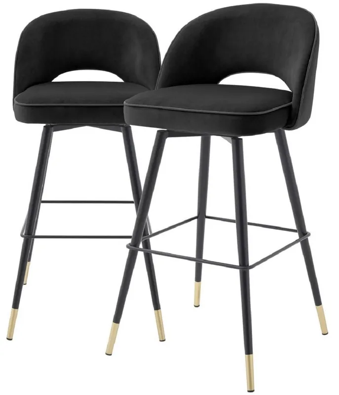 Casa Padrino Luxus Barstuhl Set Schwarz / Messingfarben 51 x 52 x H. 103 cm - Barstühle mit drehbarer Sitzfläche und edlem Samtsoff - Luxus Bar Möbel Sale
