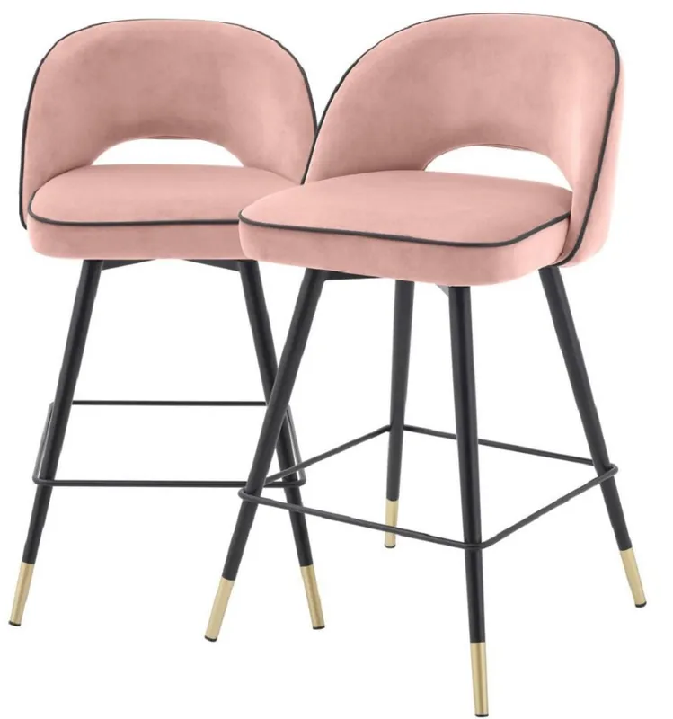 Casa Padrino Luxus Barstuhl Set Rosa / Schwarz / Messingfarben 51 x 52 x H. 103 cm - Barstühle mit drehbarer Sitzfläche und edlem Samtsoff - Luxus Bar Möbel Super-Preis