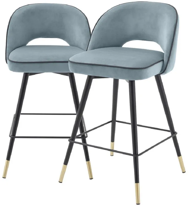 Casa Padrino Luxus Barstuhl Set Blau / Schwarz / Messingfarben 51 x 52 x H. 103 cm - Barstühle mit drehbarer Sitzfläche und edlem Samtsoff - Luxus Bar Möbel Super-Preis