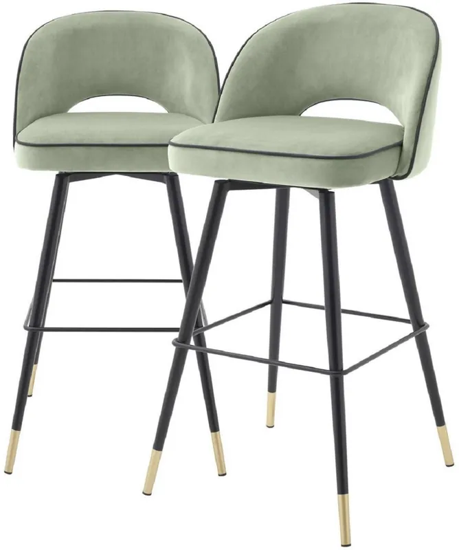 Letzte Chance Casa Padrino Luxus Barstuhl Set Pistaziengrün / Schwarz / Messingfarben 51 x 52 x H. 103 cm - Barstühle mit drehbarer Sitzfläche und edlem Samtsoff - Luxus Bar Möbel