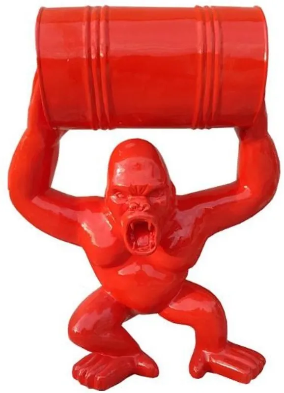 Saisonangebot Casa Padrino Designer Deko Skulptur Gorilla Affe mit Fass Rot H. 100 cm - Wetterbeständige Dekofigur - Designer Deko Tierfigur
