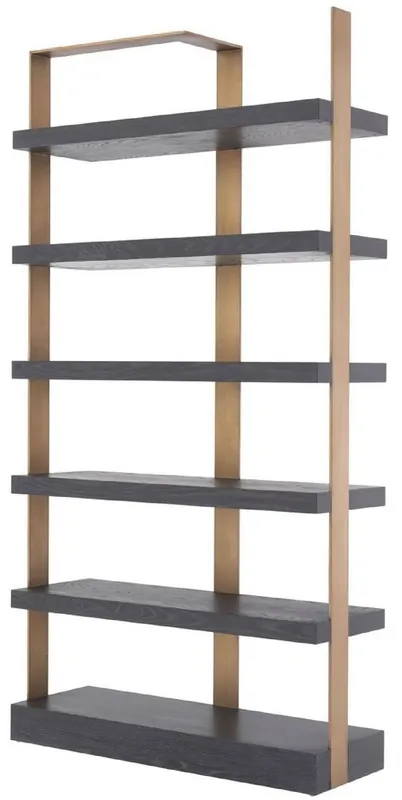 Casa Padrino Luxus Regalschrank Anthrazitgrau / Messingfarben 120,5 x 40 x H. 230 cm - Eichenfurnier Schrank mit Edelstahlrahmen - Bücherschrank - Luxus Wohnzimmer Möbel Preisreduziert