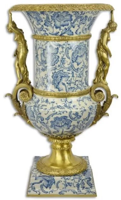 Saisonangebot Casa Padrino Barock Deko Vase Creme / Blau / Gold 53 x 47,8 x H. 85,7 cm - Prunkvolle Porzellan Blumenvase mit 2 Bronze Griffen - Deko Accessoires im Barockstil
