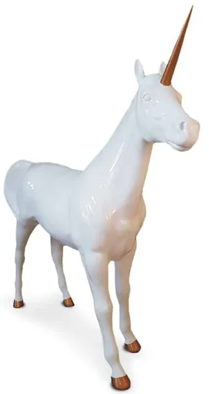 Casa Padrino Luxus Dekofigur Einhorn Pferd Weiß / Kupferfarben 245 x 56 x H. 220 cm - Lebensgroße Dekofigur - Riesige Tierfigur - Gartendeko Skulptur Direktkauf