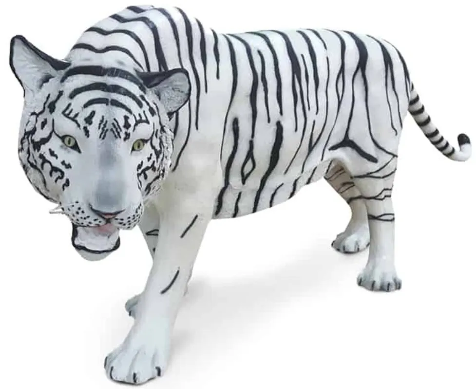 Casa Padrino Luxus Dekofigur Weißer Tiger Weiß / Schwarz 250 x 55 x H. 90 cm - Lebensgroße Dekofigur - Riesige Tierfigur - Gartendeko Skulptur Geprüft