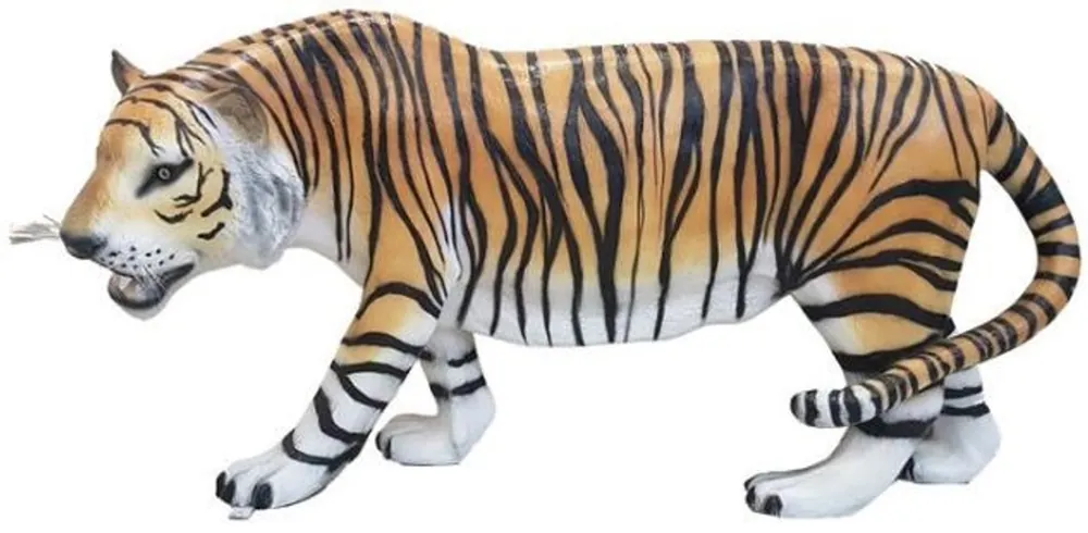 Casa Padrino Dekofigur Tiger Orange / Weiß / Schwarz 175 x H. 86 cm - Lebensgroße Wetterbeständige Deko Skulptur - Gartendeko Accessoires Letzte Chance