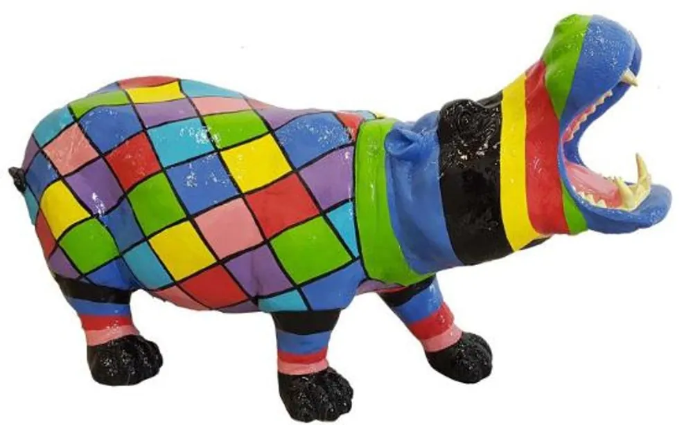 Casa Padrino Designer Dekofigur Nilpferd Bunt 120 x H. 60 cm - Deko Skulptur - Gartenfigur - Wetterbeständige Gartendekoration Abverkauf