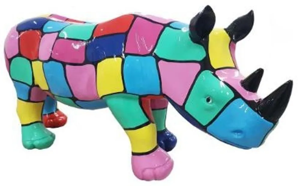 Casa Padrino Designer Dekofigur Nashorn Bunt 75 x H. 35 cm - Wohnzimmer Deko Skulptur - Gartendeko Skulptur - Wetterbeständige Tierfigur Begrenztes Angebot
