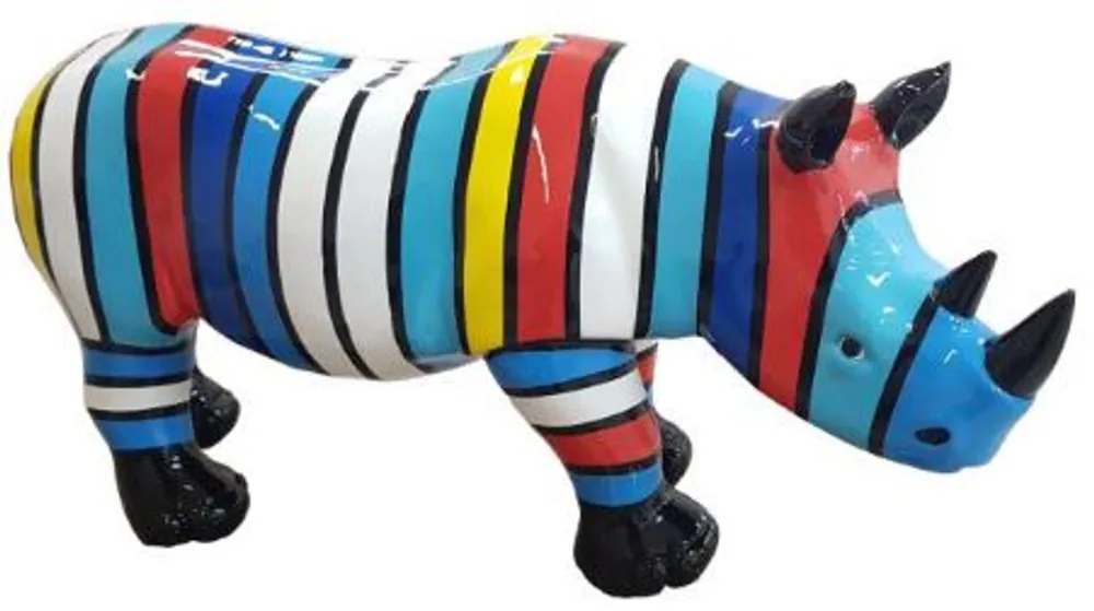 Casa Padrino Designer Dekofigur Nashorn Bunt Gestreift 75 x H. 35 cm - Wohnzimmer Deko Skulptur - Gartendeko Skulptur - Wetterbeständige Tierfigur Top-Seller