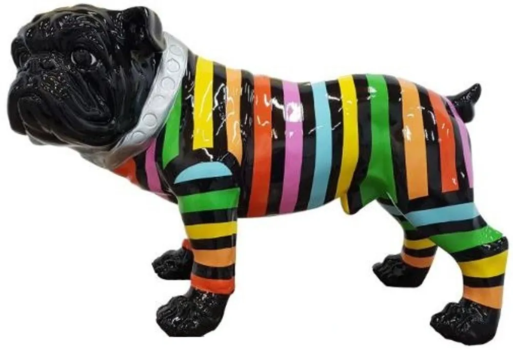 Aktuell Casa Padrino Designer Dekofigur Hund Bulldogge Schwarz / Bunte Streifen 59 x H. 40 cm - Wetterbeständige Deko Skulptur - Wohnzimmer Deko - Garten Deko - Designer Deko Tierfigur