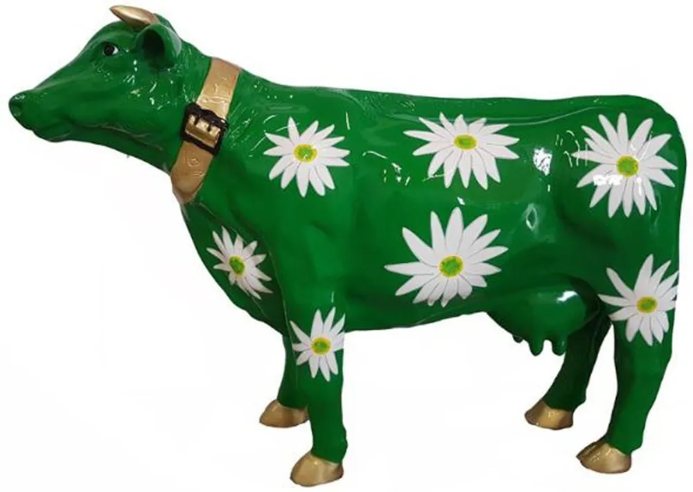 Casa Padrino Designer Dekofigur Kuh mit Blumendesign Grün / Weiß / Gold 104 x H. 67 cm - Skulptur - Wetterbeständige Tierfigur Sonderangebot