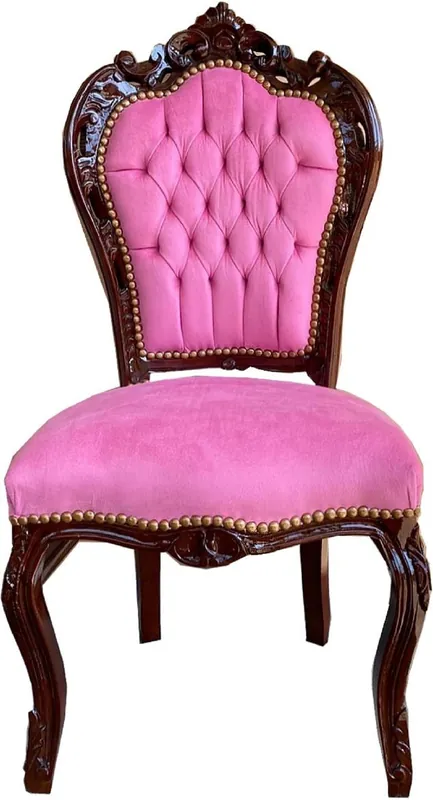 Casa Padrino Barock Esszimmerstuhl Rosa / Braun 53 x 57 x H. 108 cm - Handgefertigter Massivholz Küchenstuhl mit edlem Samtstoff - Barock Esszimmer Möbel Nur Heute