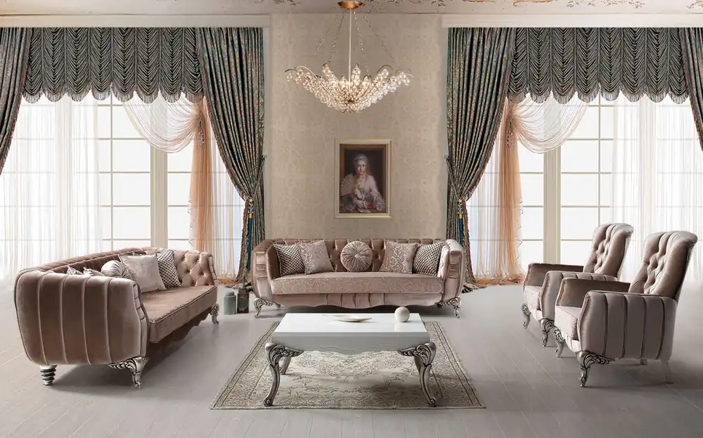 Casa Padrino Luxus Barock Wohnzimmer Set Rosa / Silber - 2 Sofas & 2 Sessel & 1 Couchtisch - Elegante Wohnzimmer Möbel im Barockstil Letzte Chance
