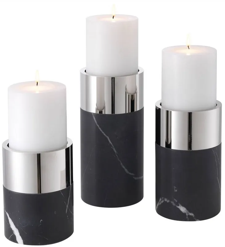Casa Padrino Luxus Kerzenhalter Set Schwarz / Silber - 3 runde Marmor Kerzenhalter - Luxus Qualität - Deko Accessoires Solange Der Vorrat Reicht