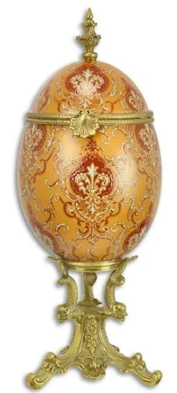 Neu Casa Padrino Barock Porzellan Deko Ei mit Deckel Orange / Rot / Gold 16,2 x 15,5 x H. 39,5 cm - Prunkvolle Aufbewahrungsbox im Barockstil - Barock Deko Accessoires