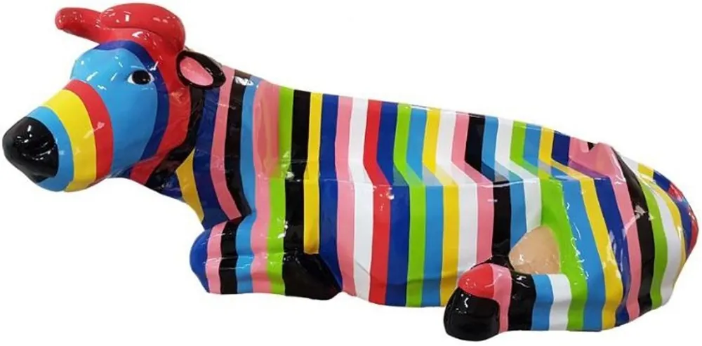 Casa Padrino Designer Sitzbank Kuh mit Streifen Mehrfarbig 200 x H. 98 cm - Wetterbeständige Kuh Skulptur Gartenbank - Garten & Terrassen Deko Accessoires Sonderaktion