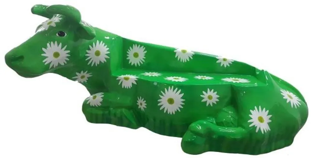 Preisreduziert Casa Padrino Designer Sitzbank Kuh mit Blumen Design Grün / Weiß 200 x H. 98 cm - Wetterbeständige Kuh Skulptur Gartenbank - Garten & Terrassen Deko Accessoires