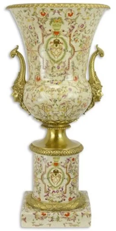 Casa Padrino Barock Vase Creme / Mehrfarbig / Gold Ø 30,8 x H. 64,5 cm - Prunkvolle Porzellan Blumenvase mit Sockel und 2 Bronze Griffen - Barock Deko Accessoires Preiswert