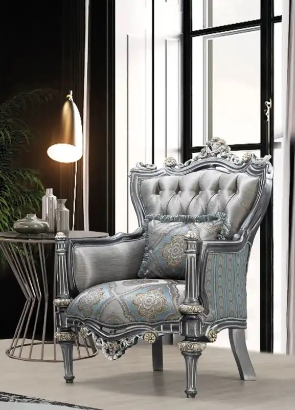 Casa Padrino Luxus Barock Sessel Silber / Türkis / Gold 83 x 80 x H. 120 cm - Prunkvoller Massivholz Wohnzimmer Sessel mit elegantem Muster und dekorativem Kissen - Barock Wohnzimmer Möbel Preis Gesenkt