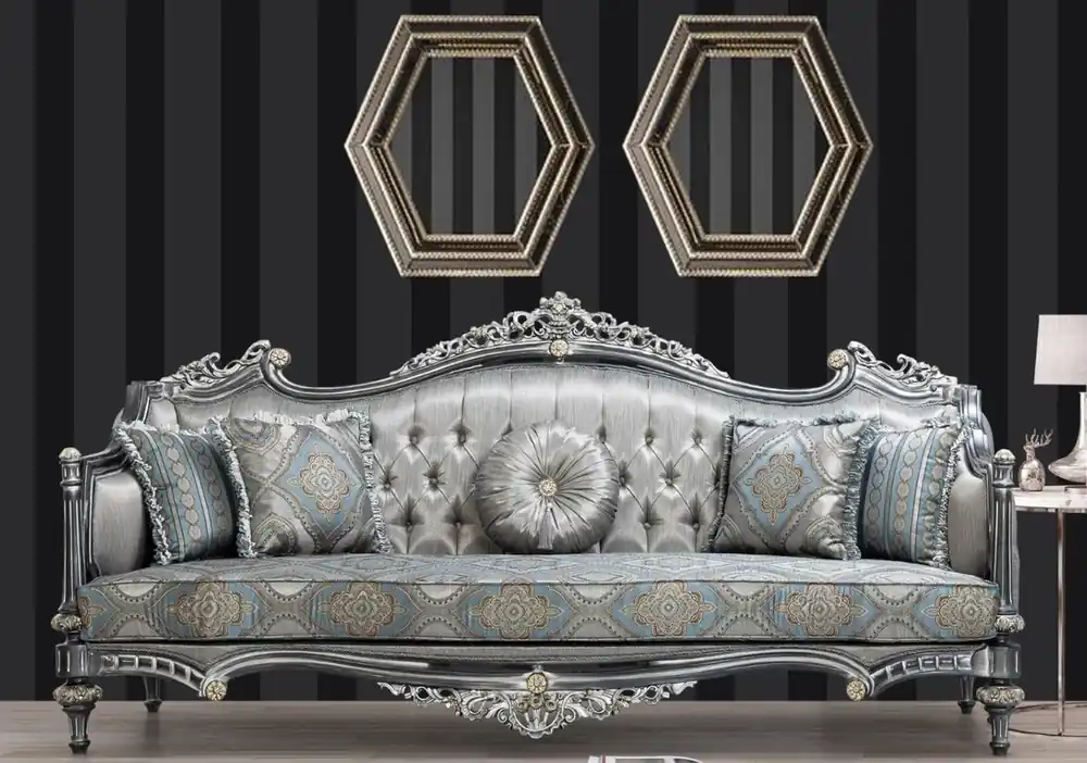Sofort Bestellen Casa Padrino Luxus Barock Sofa Silber / Türkis / Gold 248 x 96 x H. 118 cm - Prunkvolles Massivholz Wohnzimmer Sofa mit elegantem Muster und dekorativen Kissen - Barock Wohnzimmer Möbel