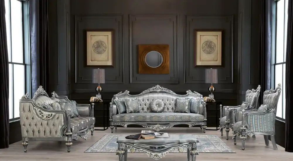 Casa Padrino Luxus Barock Wohnzimmer Set Silber / Türkis / Gold - 2 Sofas & 2 Sessel & 1 Couchtisch - Wohnzimmer Möbel im Barockstil - Edel & Prunkvoll Top-Preis