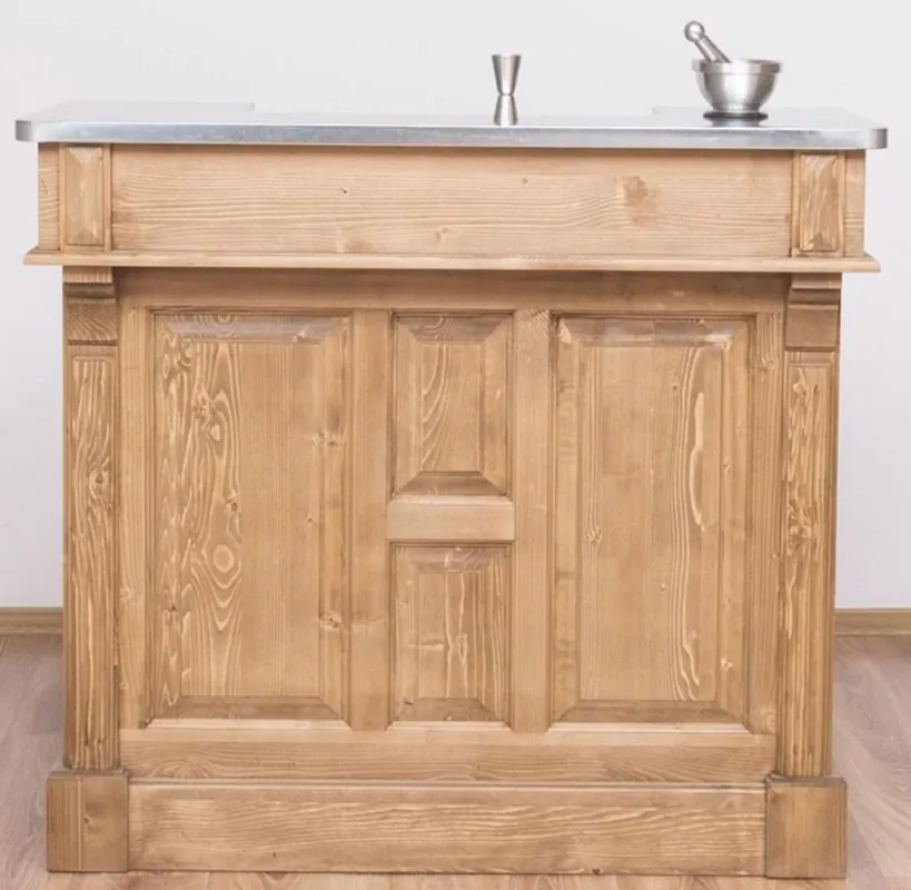 Casa Padrino Landhausstil Theke Naturfarben / Silber 120 x 65 x H. 107 cm - Massivholz Thekentisch mit verzinkter Tischplatte - Barmöbel im Landhausstil Must-Have