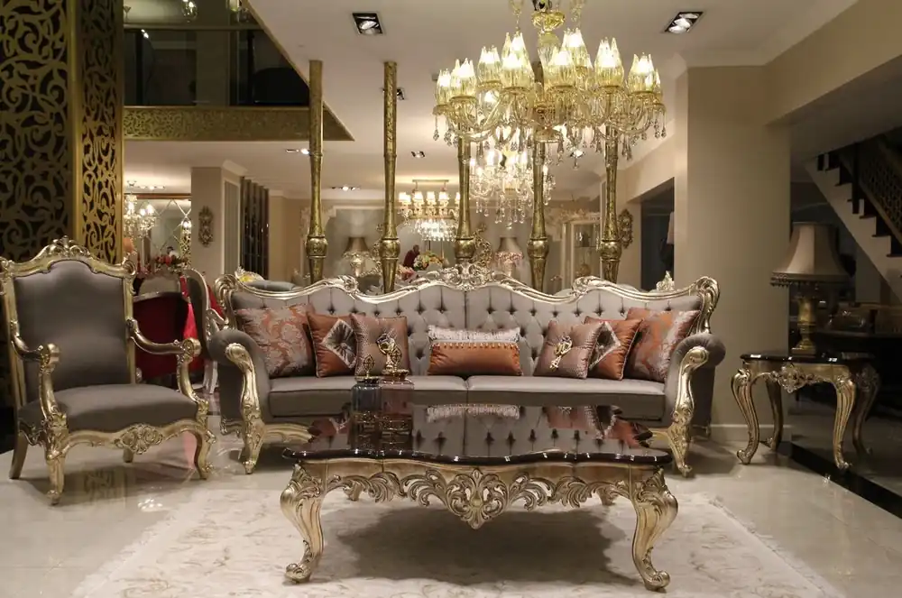 Markenware Casa Padrino Luxus Barock Wohnzimmer Set Grau / Dunkelbraun / Gold - 2 Sofas & 2 Sessel & 1 Couchtisch & 2 Beistelltische - Wohnzimmer Möbel im Barockstil - Edel & Prunkvoll
