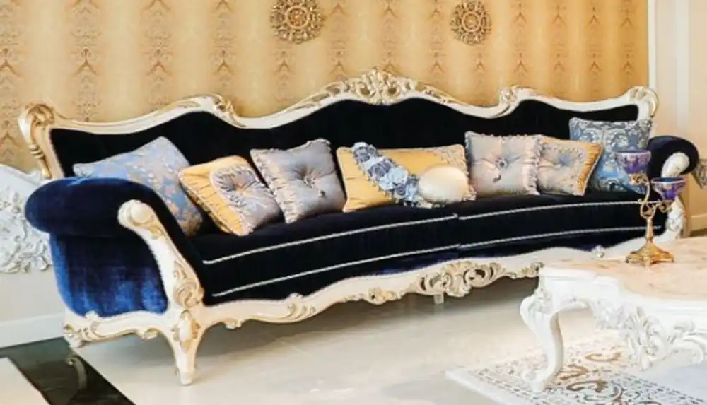 Casa Padrino Luxus Barock Wohnzimmer Sofa Dunkelblau / Weiß / Gold 300 x 98 x H. 120 cm - Prunkvolles Sofa im Barockstil - Edle Barock Wohnzimmer Möbel Neue Kollektion